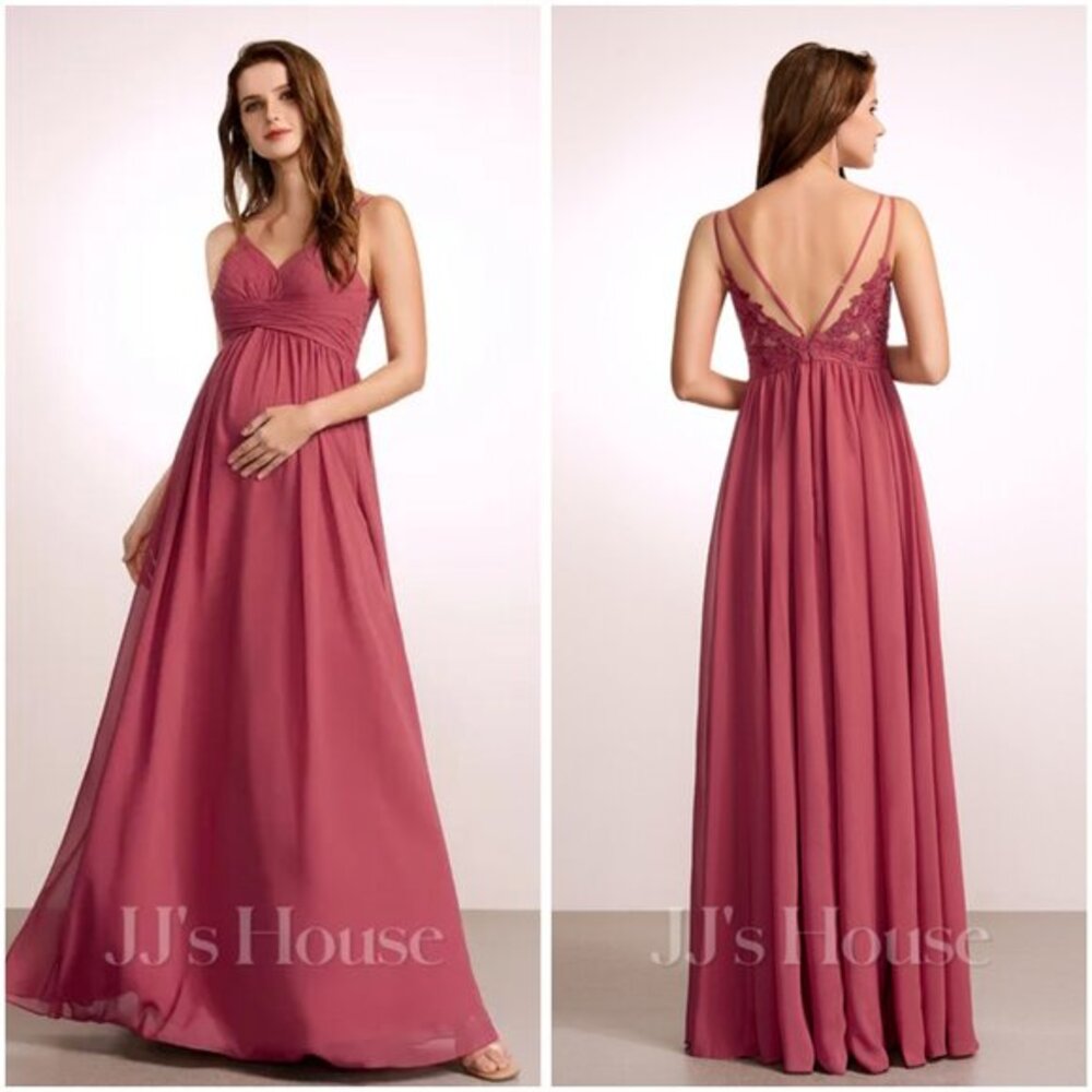 JJ's House A-line V-Neck Chiffon Pleated Lace Bridesmaid Dress in Cinnamon Rose